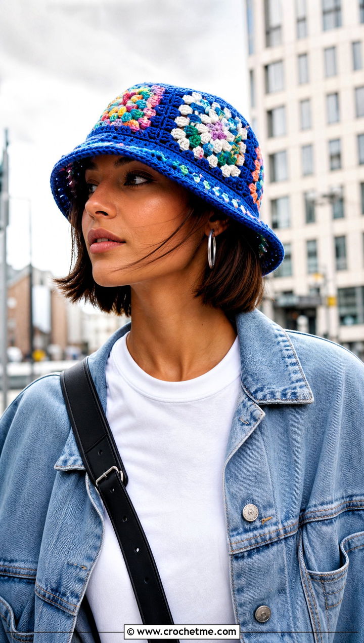 Granny Square Bucket Hat With Denim Jacket - 30 crochet granny hat outfit ideas