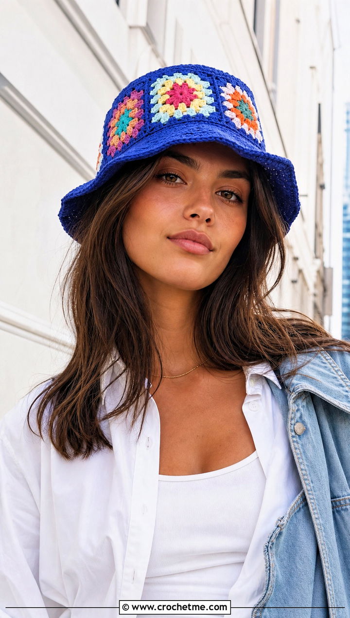Granny Square Bucket Hat With Jeans And White Shirt - 25 easy crocheted hats outfit ideas