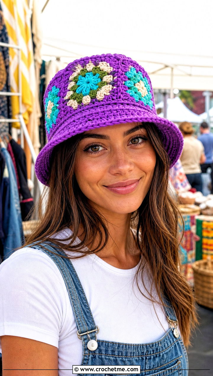 Granny Square Bucket Hat With Overalls - 25 crochet hat for beginners outfit ideas