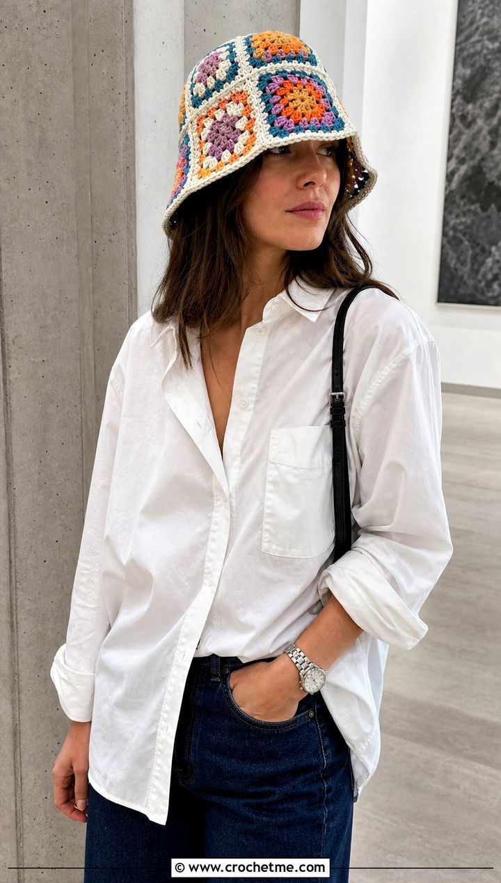 Granny Square Bucket Hat With White Shirt - 25 granny stitch crochet hat outfit ideas