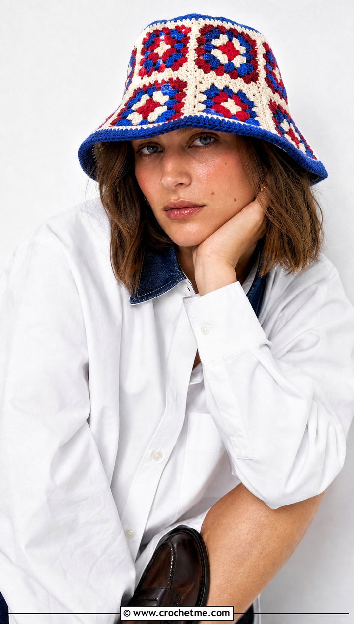 Granny Square Bucket Hat With White Shirt - 30 Women Crochet Hats outfit ideas