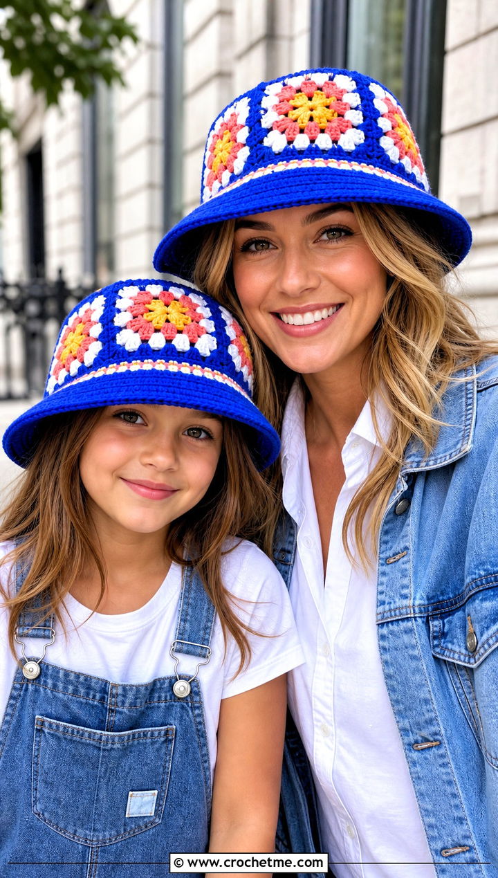 Granny Square Bucket Hats With Denim Outfits - 20 Mother Daughter Crochet Hats outfit ideas