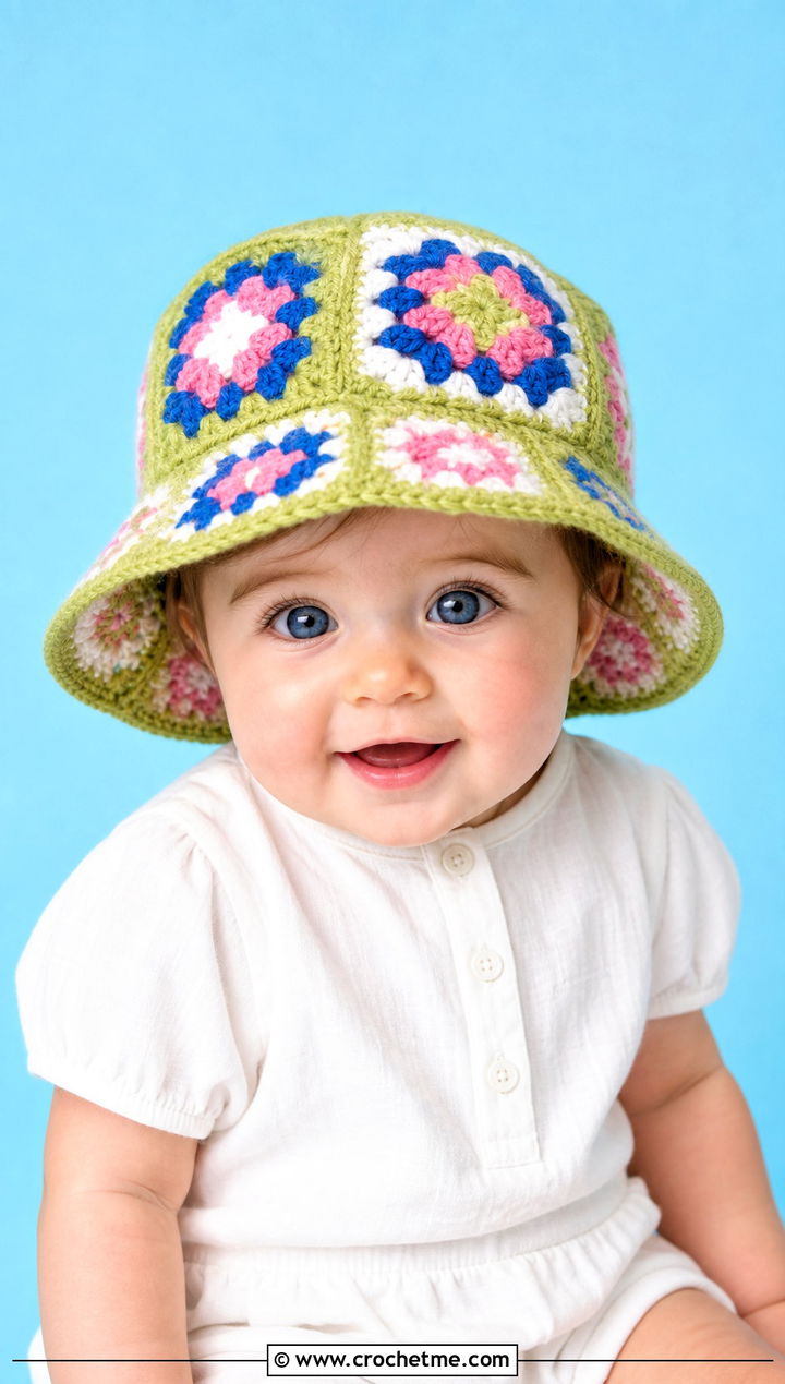 Granny Square Bucket Photo Prop Crochet Hat With White Romper - 15 Photo Prop Crochet Hat outfit ideas