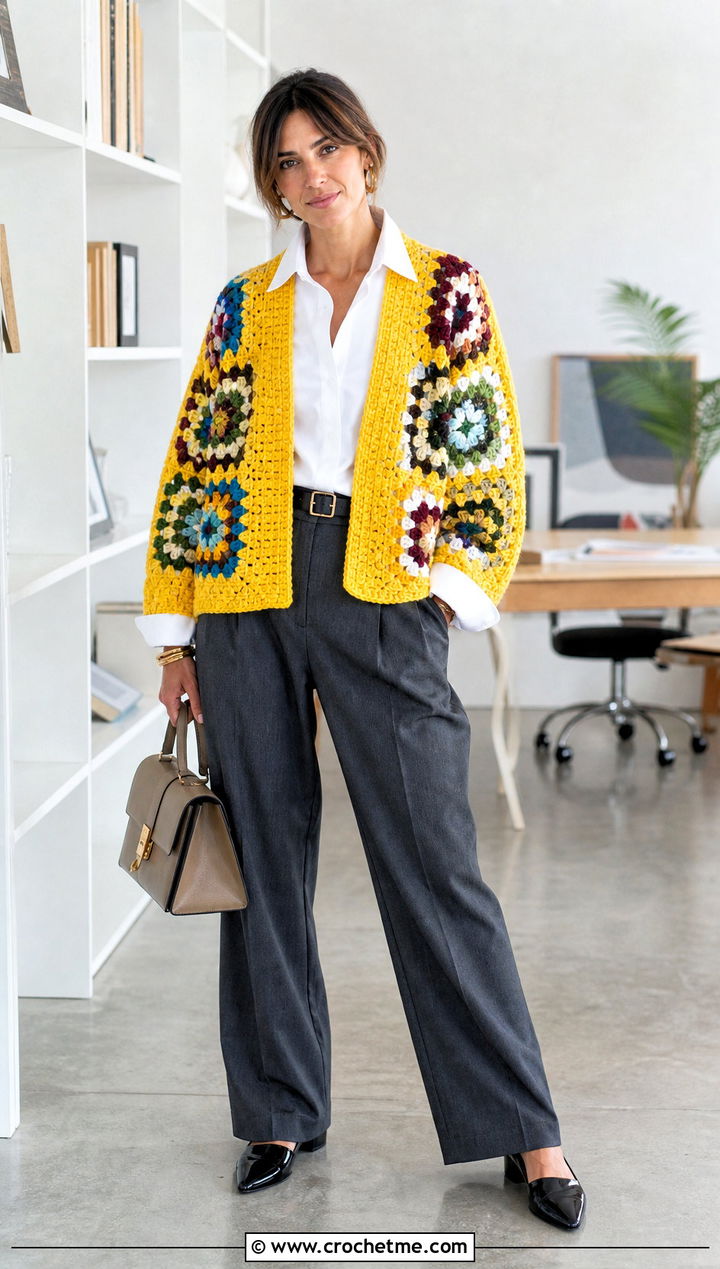 Granny Square Bulky Crochet Cardigan With Tailored Trousers - 25 Bulky Crochet Cardigan outfit ideas