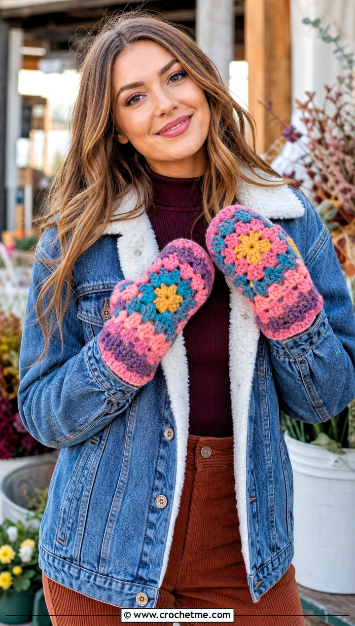 Granny Square Bulky Crochet Mittens With Denim Jacket And Corduroy Pants - 15 Bulky Crochet Mittens outfit ideas