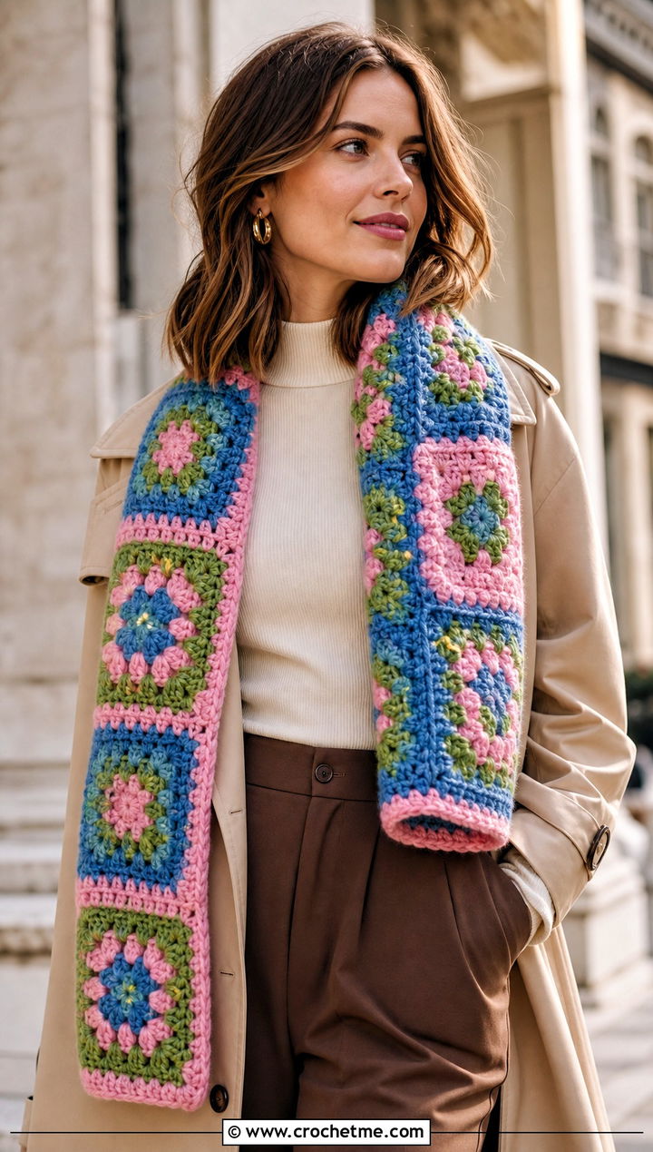 Granny Square Bulky Crochet Scarf With Trench Coat - 30 bulky yarn crochet scarf outfit ideas