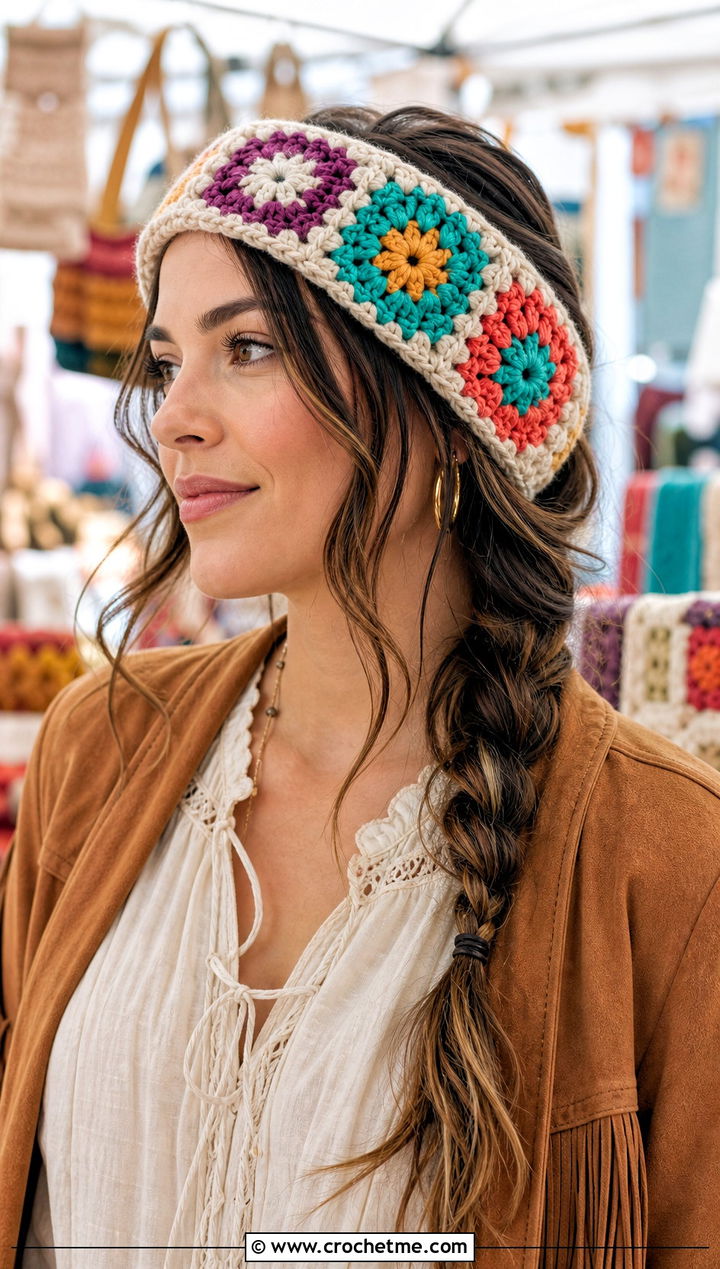 Granny Square Bulky Yarn Crochet Headband With Boho Layers - 25 bulky yarn crochet headband outfit ideas
