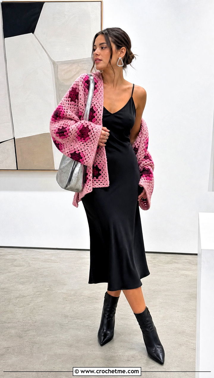 Granny Square Bulky Yarn Crochet Shawl With Slip Dress - 20 Bulky Yarn Crochet Shawl outfit ideas