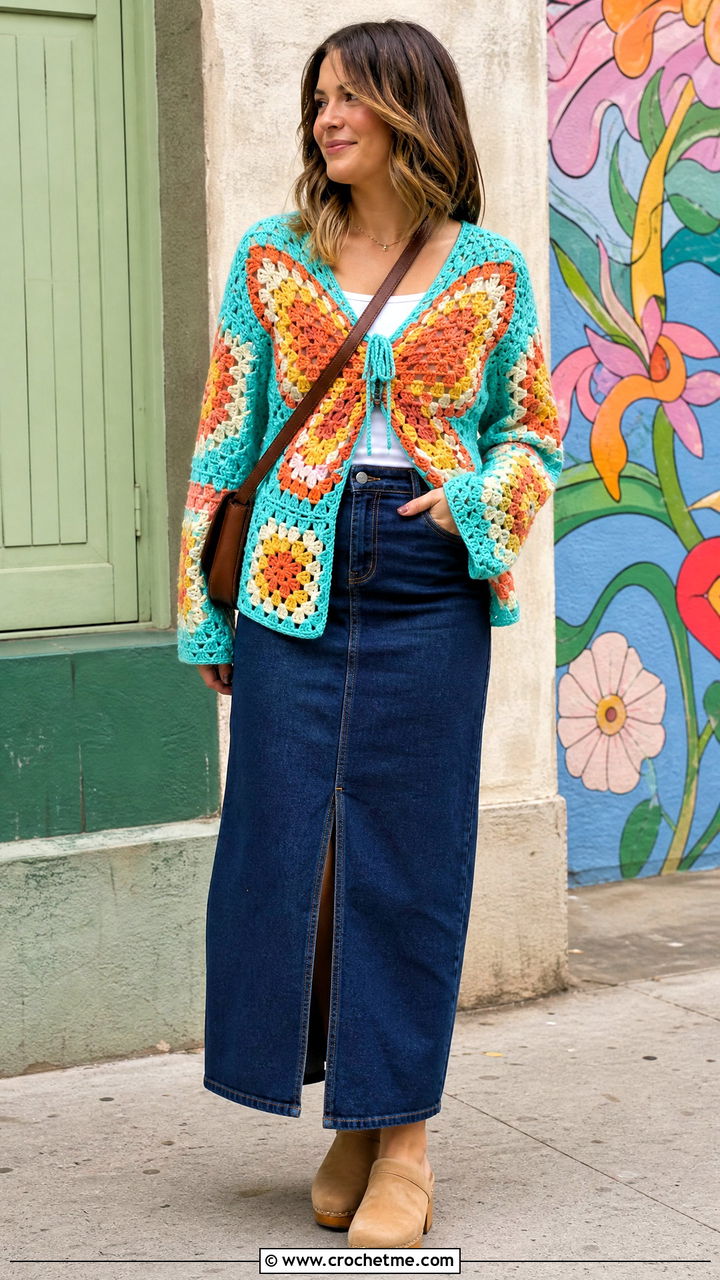 Granny Square Butterfly Cardigan With Denim Maxi Skirt - 35 crochet butterfly cardigan outfit ideas