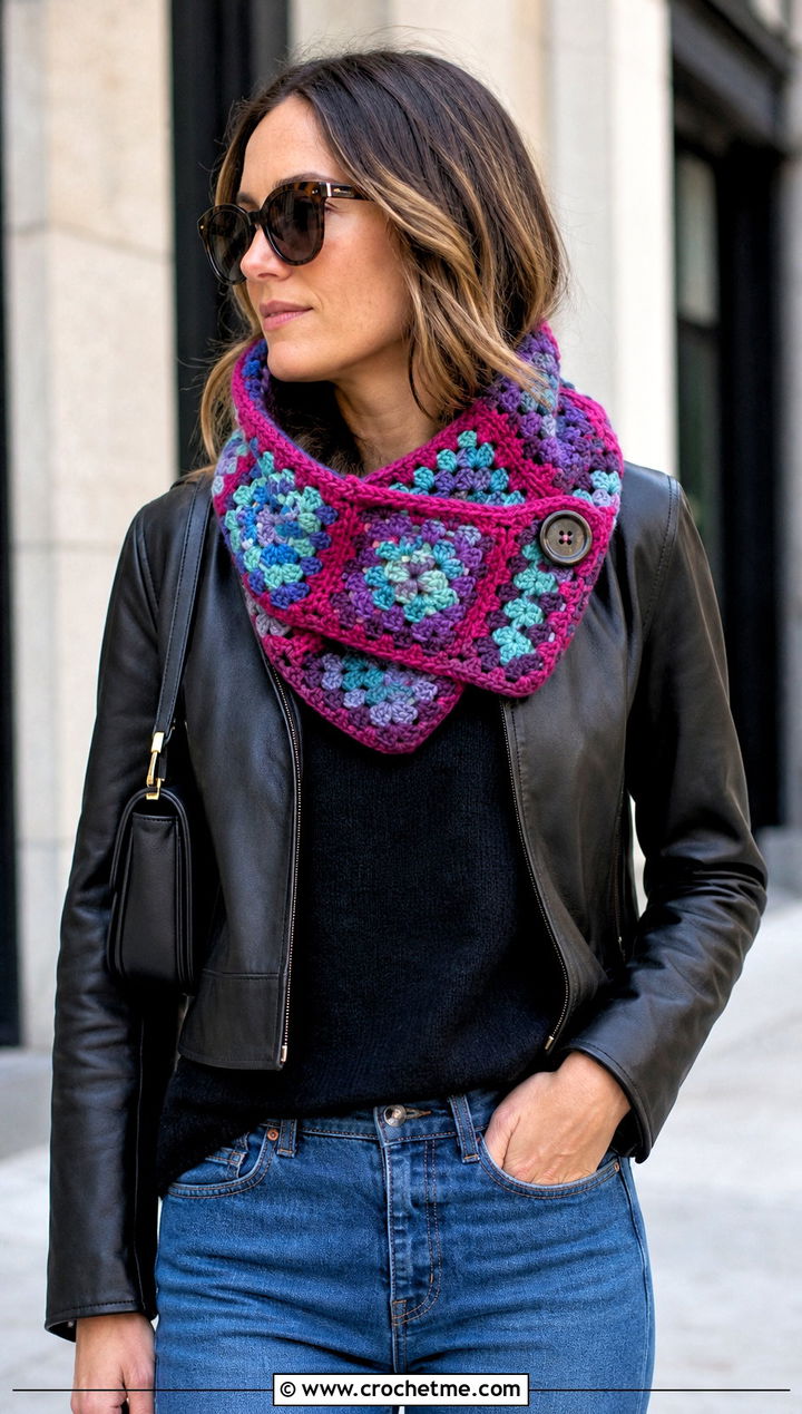 Granny Square Button Cowl With Leather Jacket - 25 crochet button cowl outfit ideas