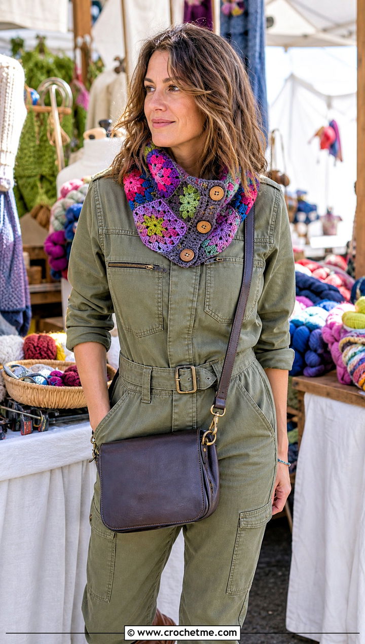 Granny Square Button Cowl With Utility Jumpsuit And Ankle Boots - 15 Crochet Cowl With Buttons outfit ideas