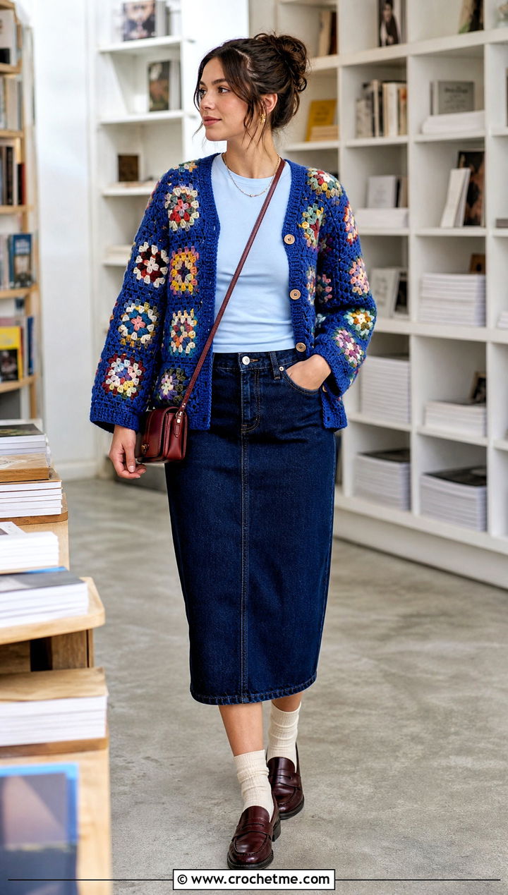 Granny Square Button Crochet Cardigan With Denim Skirt - 15 crochet cardigan with button closure outfit ideas