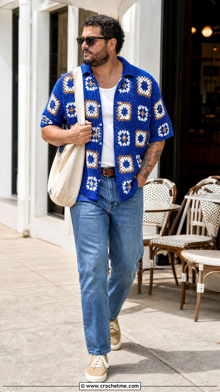 Granny Square Button Down Crochet Shirt With Straight Jeans - 35 crochet shirt men outfit ideas