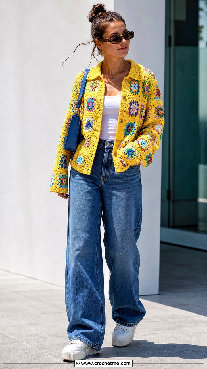 Granny Square Button Down Shirt With Wide Leg Jeans - 35 crochet shirts outfit ideas