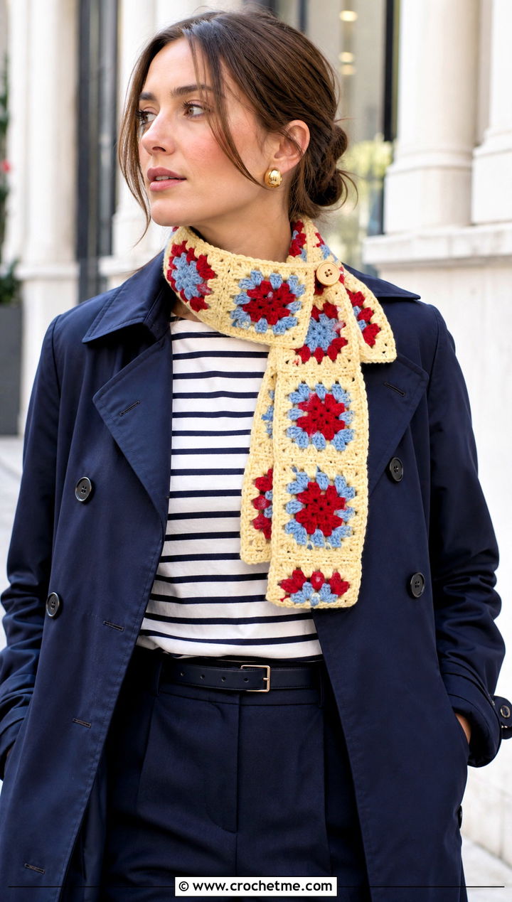 Granny Square Button Scarf With Trench Coat - 15 Button Crochet Scarf outfit ideas
