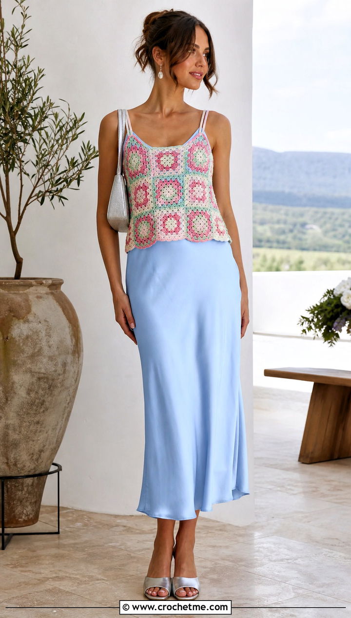 Granny Square Camisole Tank Top With Slip Dress - 25 crochet granny tank top outfit ideas