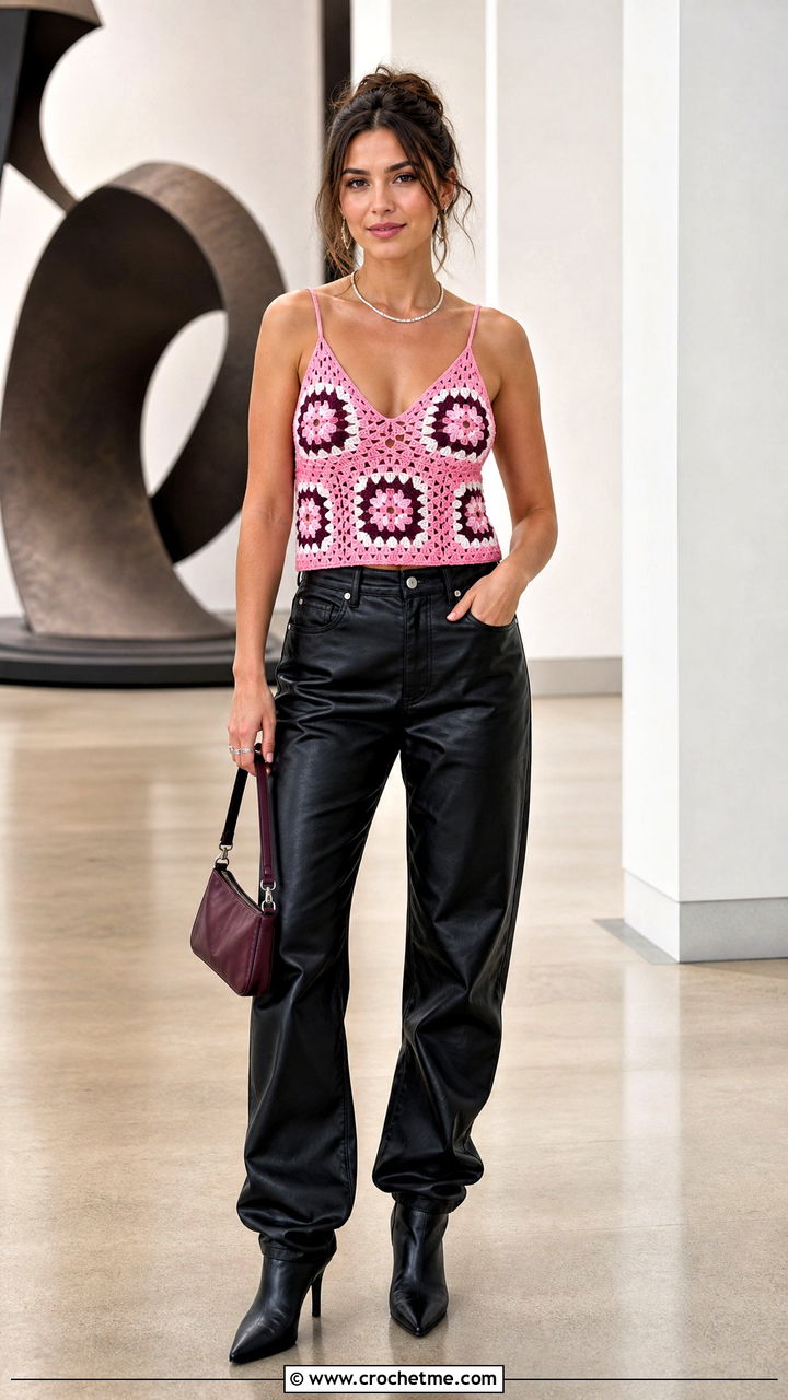 Granny Square Camisole Top With Leather Pants - 35 crochet granny square top outfit ideas