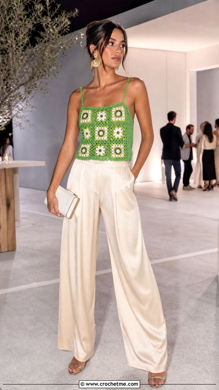 Granny Square Camisole With Satin Wide Leg Pants - 35 granny square crochet clothes and outfit ideas