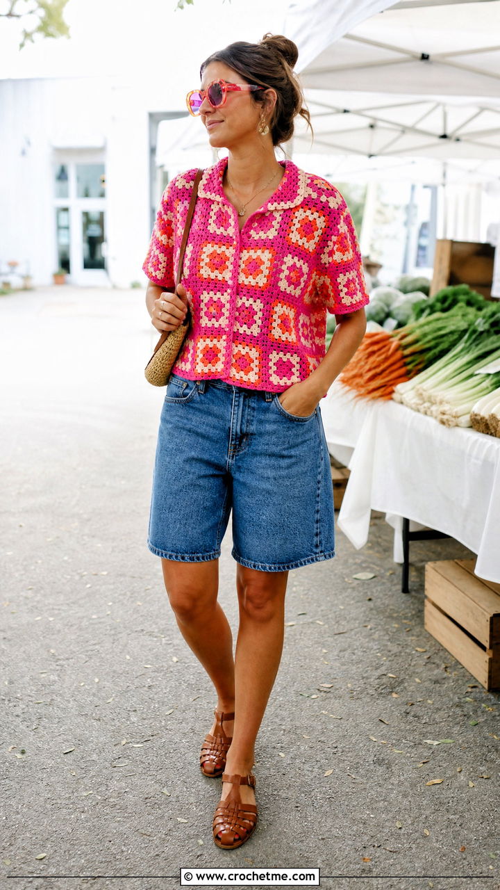 Granny Square Camp Collar Crochet Button Up Shirt With Denim Shorts - 35 crochet button up shirt outfit ideas