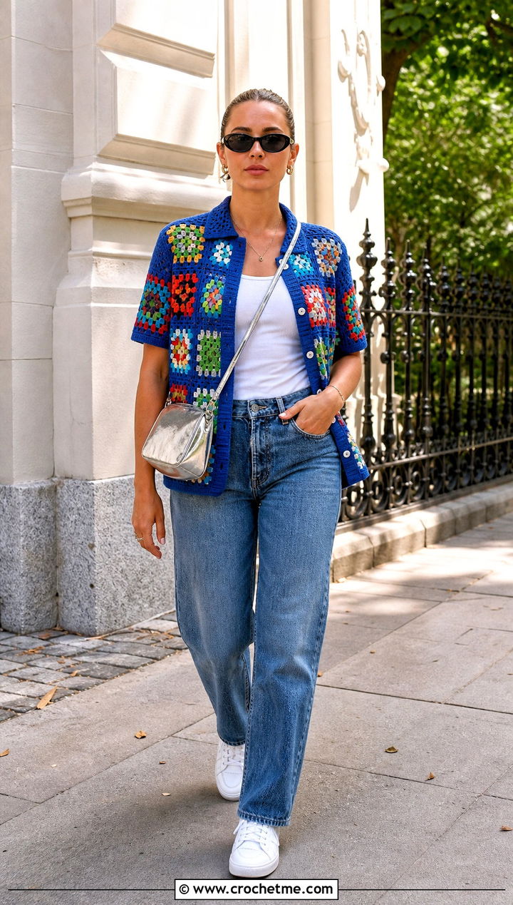 Granny Square Camp Shirt With Straight Leg Jeans - 30 crochet unisex shirt outfit ideas