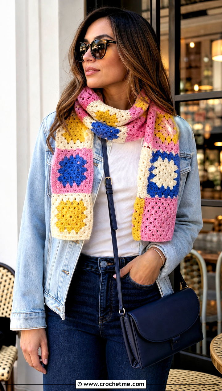 Granny Square Candy Scarf With Denim Jacket - 15 crochet candy scarf outfit ideas