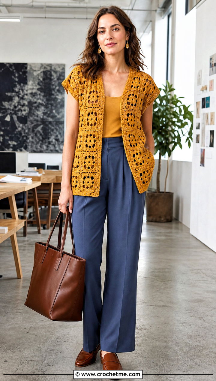 Granny Square Cap Sleeve Cover Up With Pleated Trousers - 35 granny square cover up outfit ideas