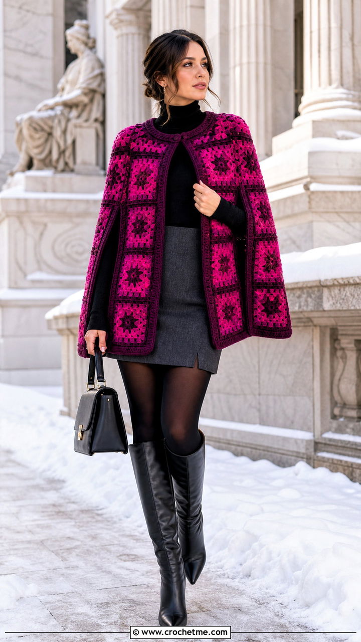 Granny Square Cape Jacket With Turtleneck And Mini Skirt - 35 granny square jacket outfit ideas