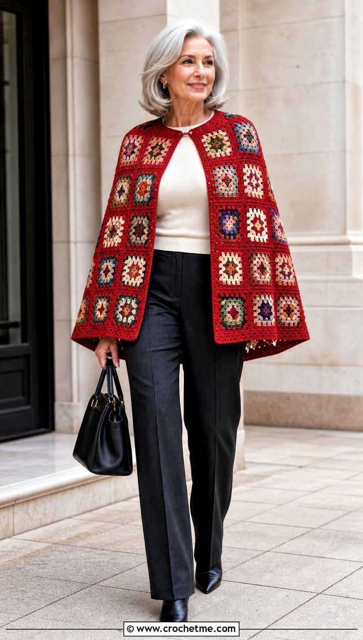 Granny Square Cape With Tailored Pants - 30 crochet granny square clothing and outfit ideas