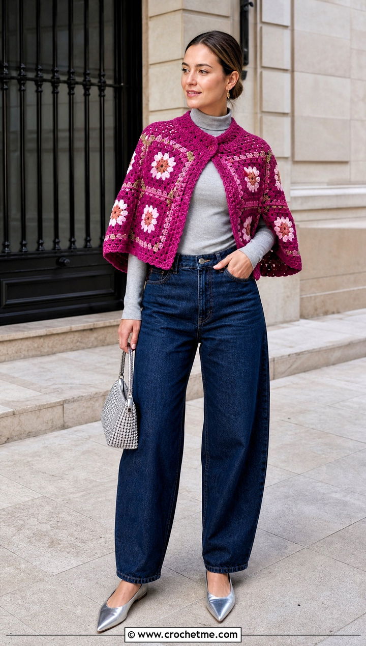 Granny Square Capelet Wrap With Barrel Jeans - 30 granny square wrap outfit ideas