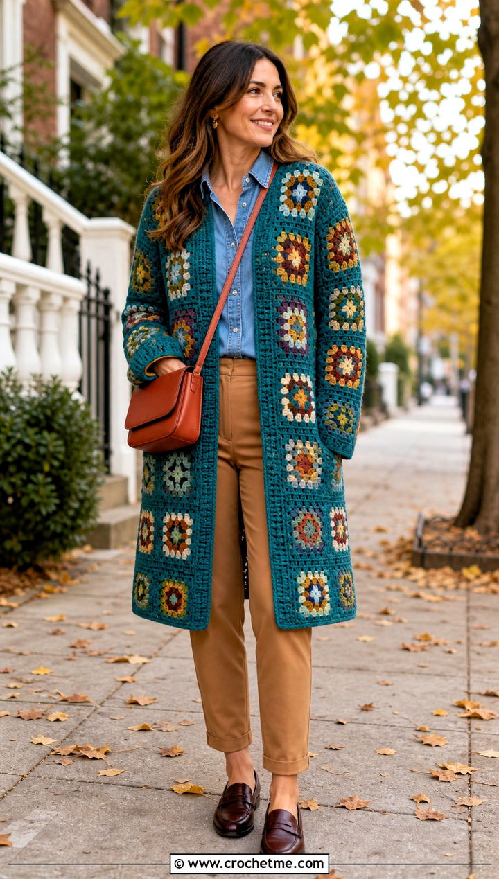 Granny Square Car Coat With Denim Shirt - 30 granny square coat outfit ideas
