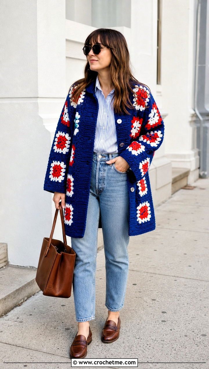 Granny Square Car Coat With Mom Jeans And Loafers - 30 crochet granny square coat outfit ideas