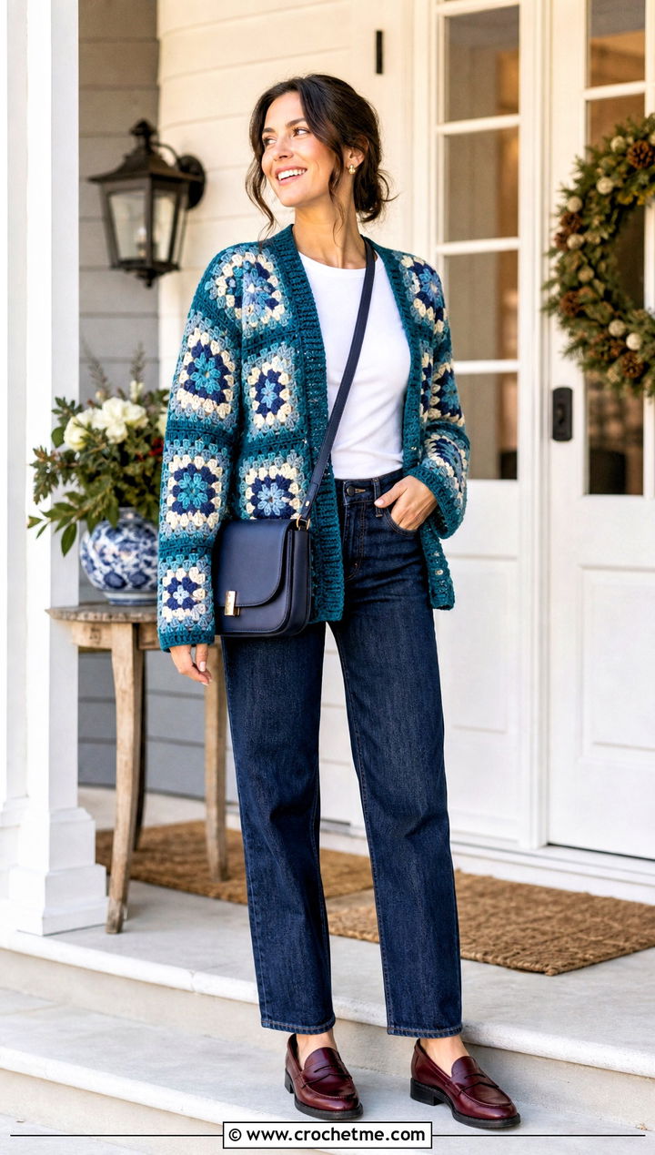 Granny Square Cardigan Casual Holiday Outfit - 30 crochet holiday outfit ideas