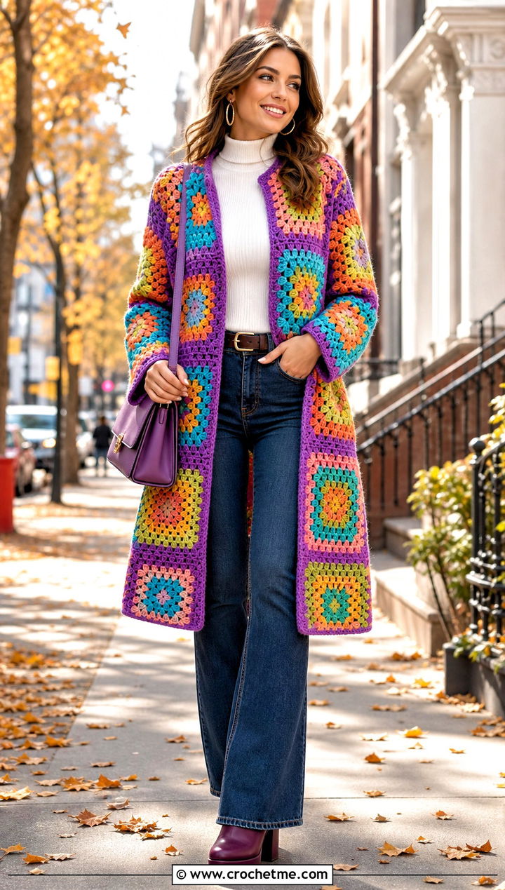 Granny Square Cardigan Coat With Dark Wash Flare Jeans - 25 pastel granny square cardigan outfit ideas