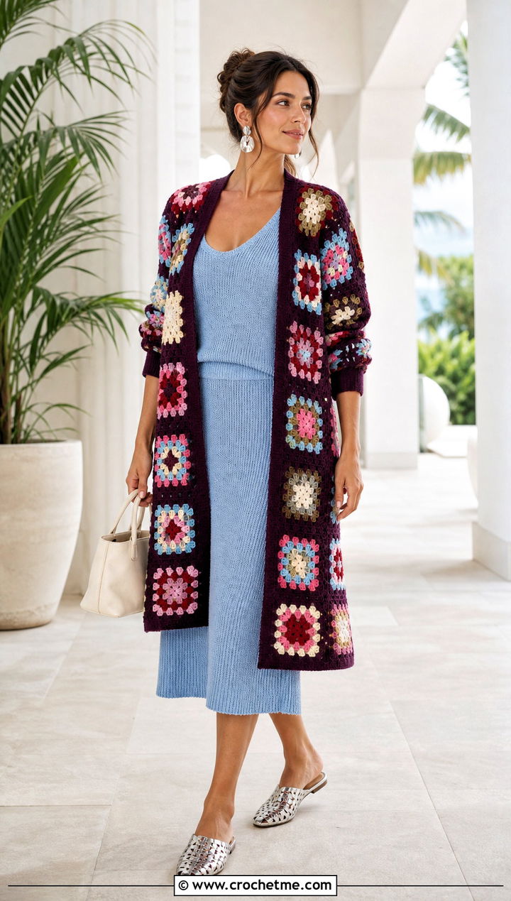 Granny Square Cardigan Cover Up With Matching Knit Set - 35 granny square cover up outfit ideas