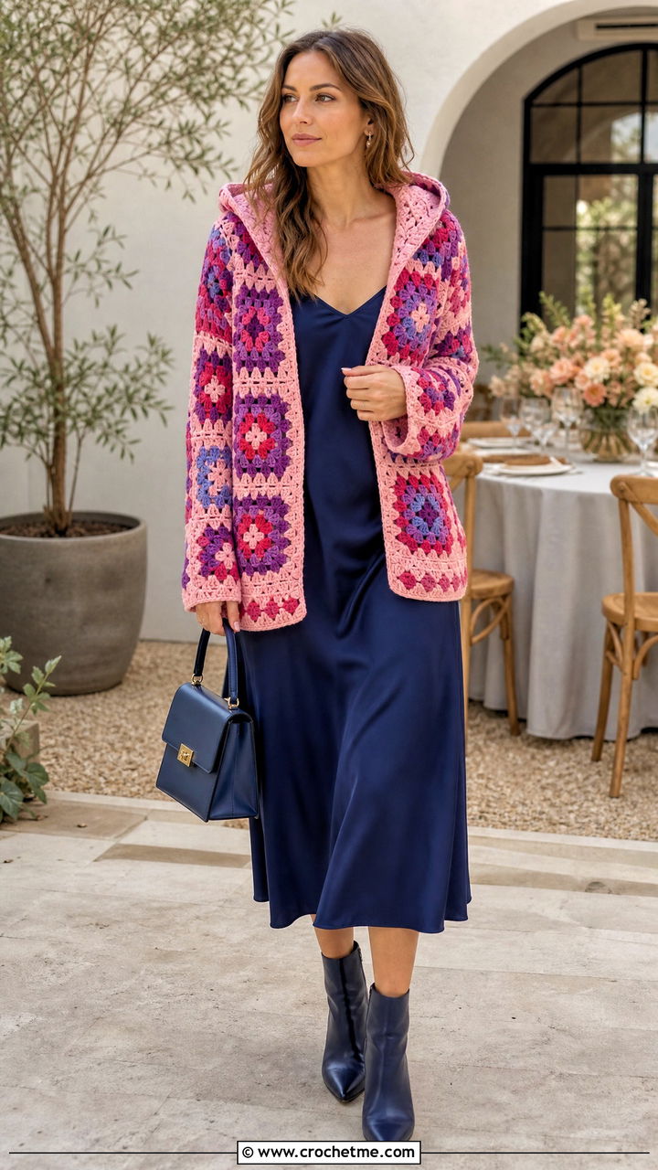 Granny Square Cardigan Hoodie With Slip Dress - 35 granny square hoodie outfit ideas