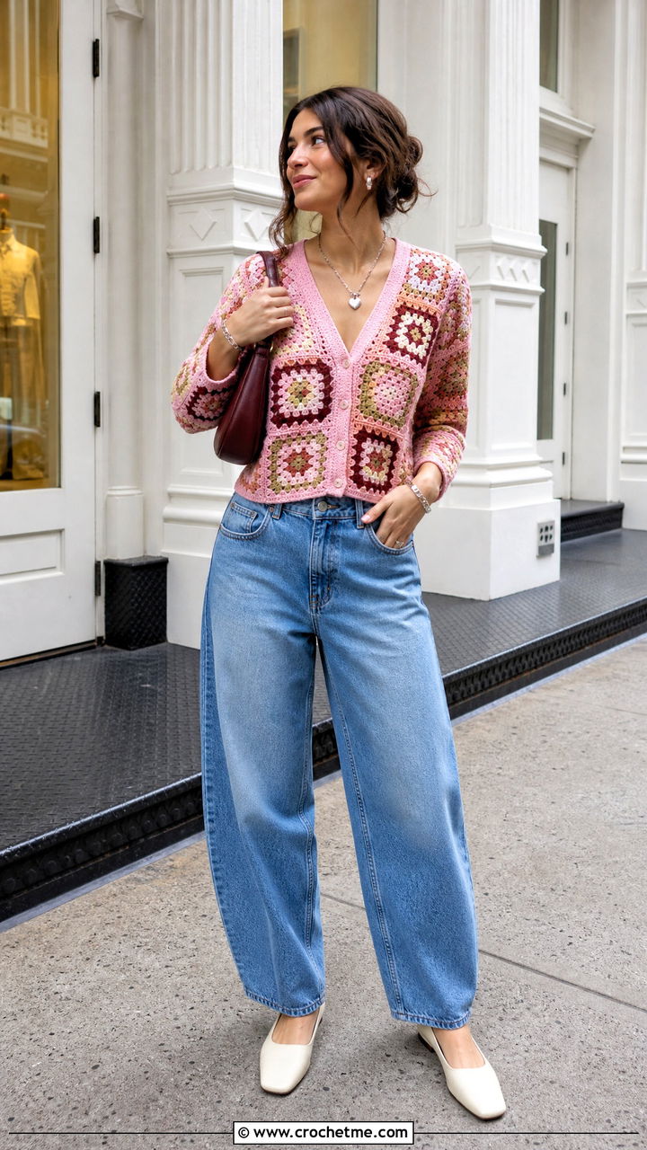 Granny Square Cardigan Top With Barrel Jeans - 35 granny square top outfit ideas