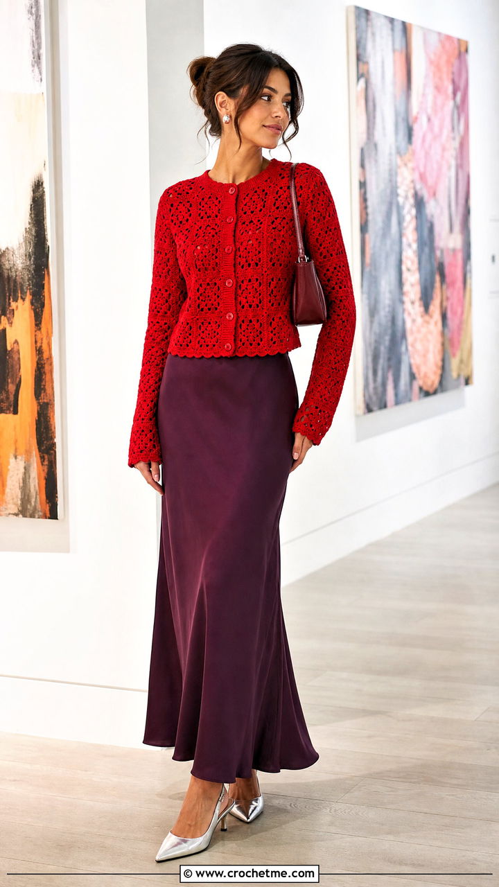 Granny Square Cardigan Top With Bias Cut Maxi Skirt - 35 crochet granny square top outfit ideas