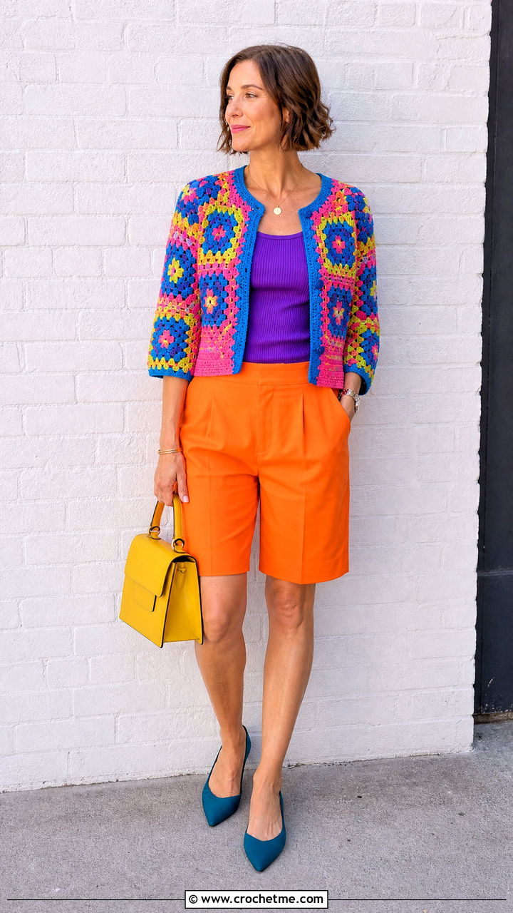 Granny Square Cardigan With Bermuda Shorts - 35 granny square cardigan outfit ideas