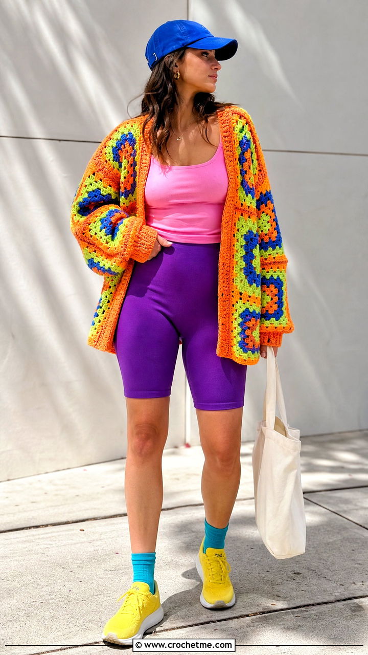 Granny Square Cardigan With Bike Shorts - 35 granny square cardigan outfit ideas