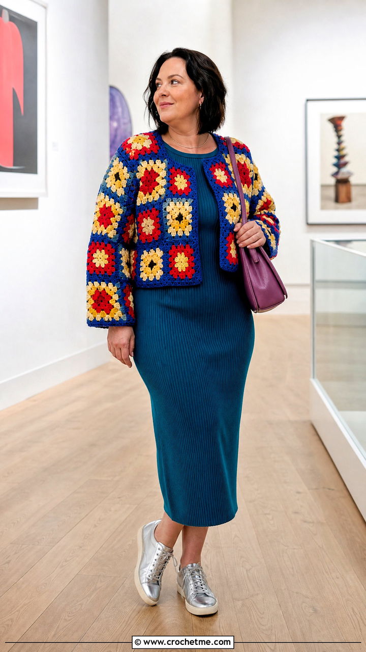 Granny Square Cardigan With Column Dress - 35 crochet clothing and accessories ideas
