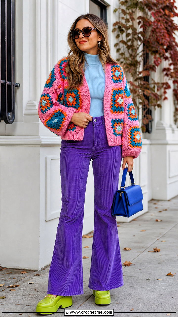 Granny Square Cardigan With Corduroy Pants - 35 granny square cardigan outfit ideas