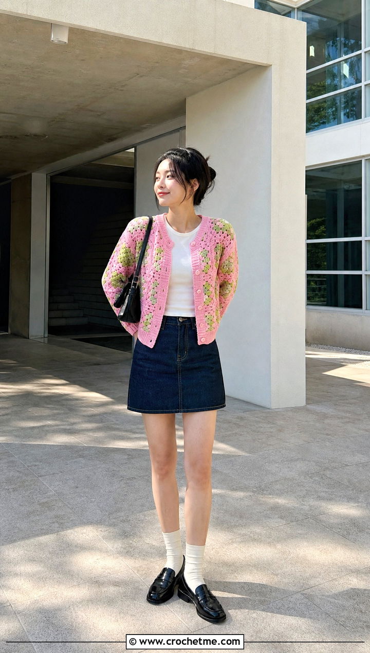 Granny Square Cardigan With Denim Mini Skirt - 30 korean crochet outfits ideas