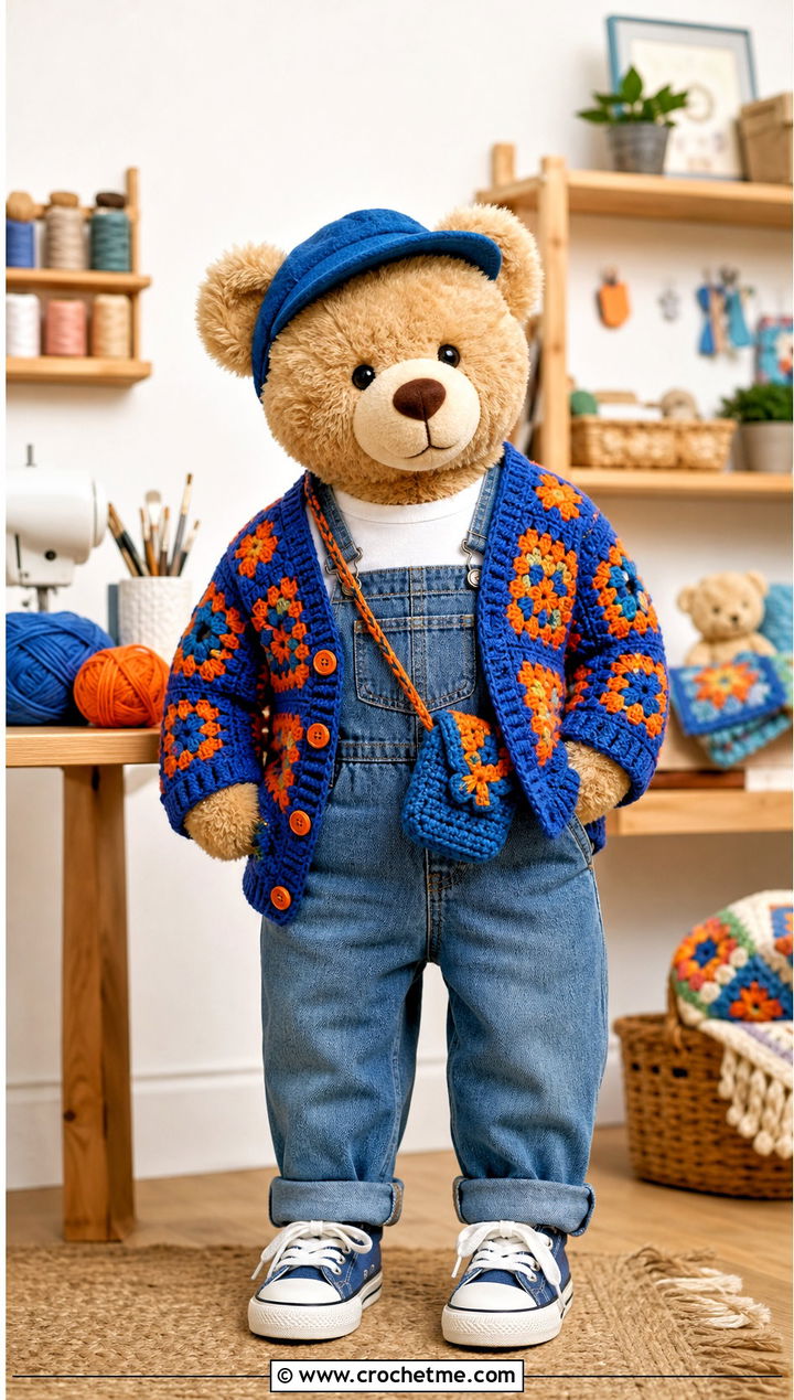 Granny Square Cardigan With Denim Overalls - 35 crochet teddy clothes and outfit ideas