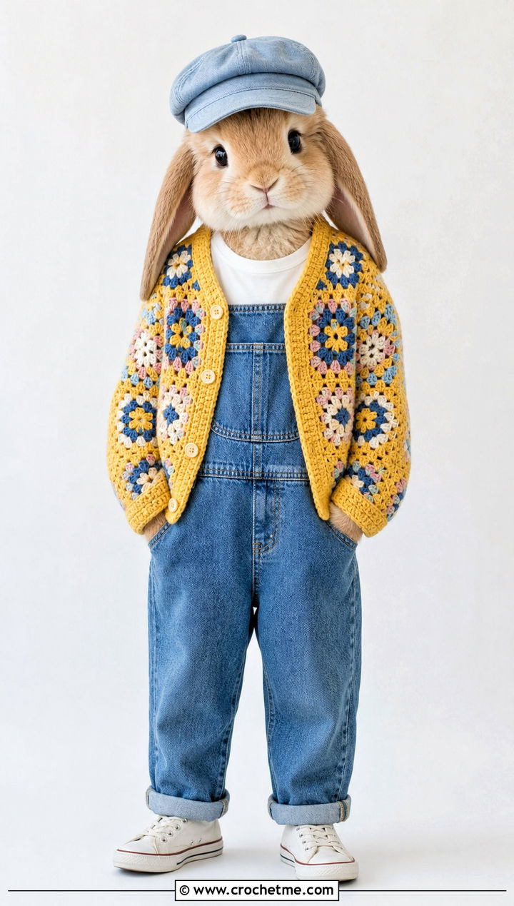 Granny Square Cardigan With Denim Overalls - 35 crochet jellycat clothes and outfit ideas