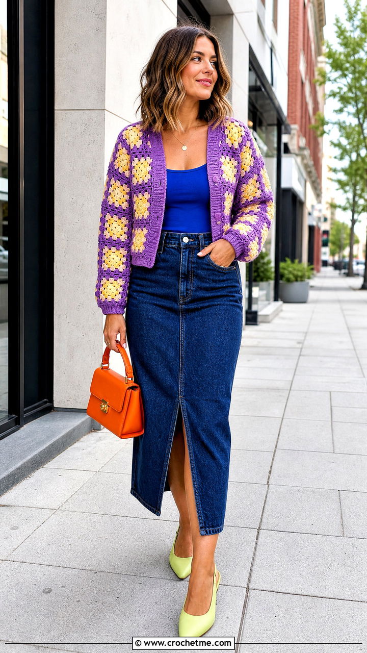 Granny Square Cardigan With Denim Skirt - 35 granny square cardigan outfit ideas