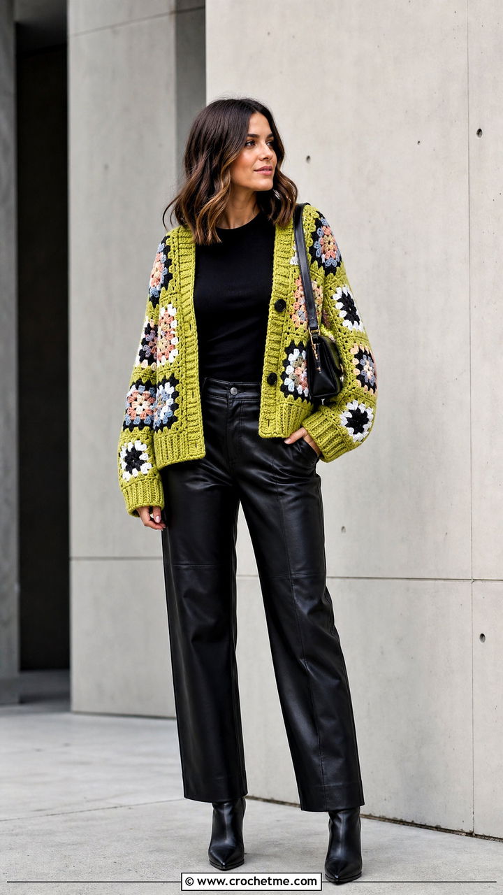Granny Square Cardigan With Leather Pants - 35 crochet winter clothes and outfit ideas
