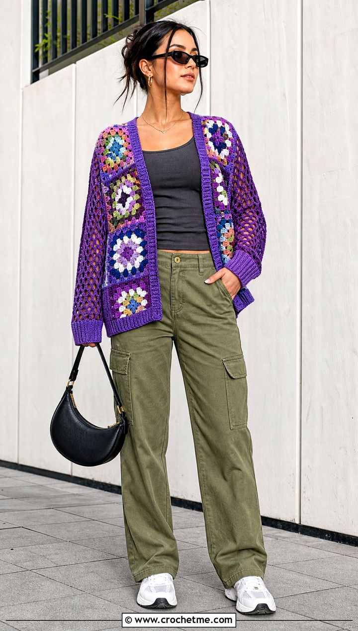 Granny Square Cardigan With Mesh Sleeves And Cargo Pants - 15 crochet cardigan with lace sleeves outfit ideas