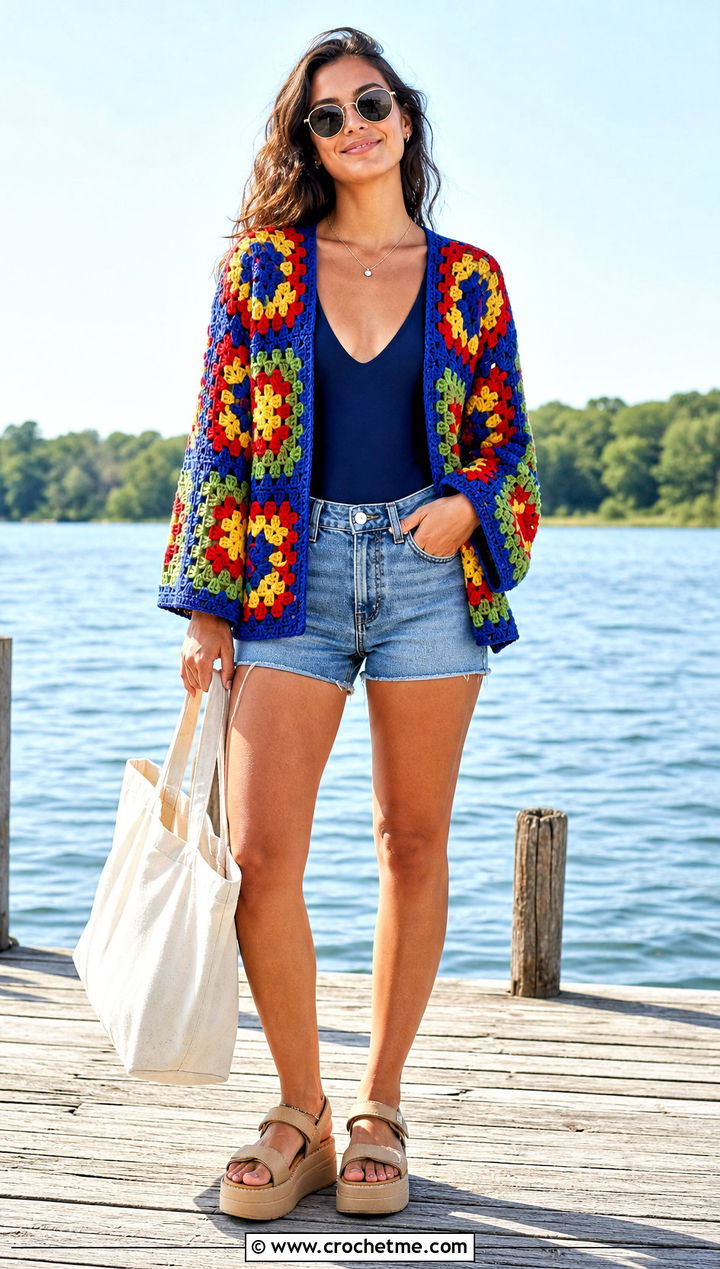 Granny Square Cardigan With One Piece And Denim Shorts - 35 crochet swimsuit cover up outfit ideas
