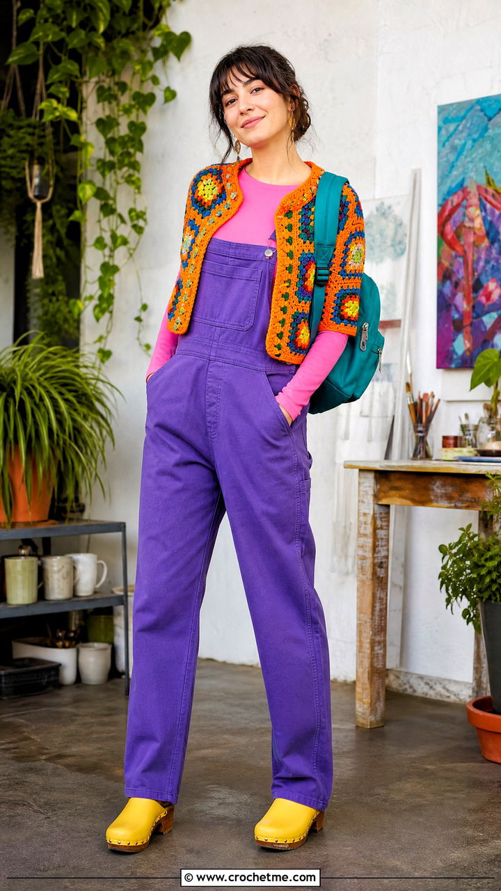 Granny Square Cardigan With Overalls - 35 granny square cardigan outfit ideas