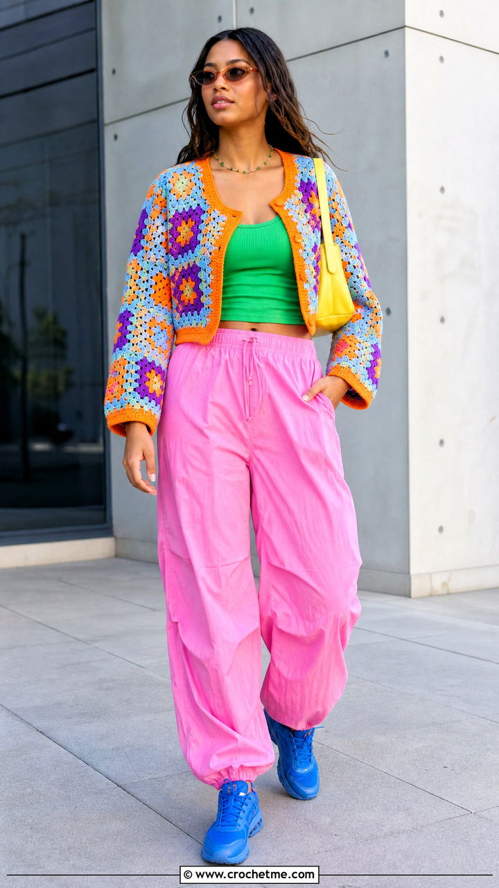 Granny Square Cardigan With Parachute Pants - 35 granny square cardigan outfit ideas